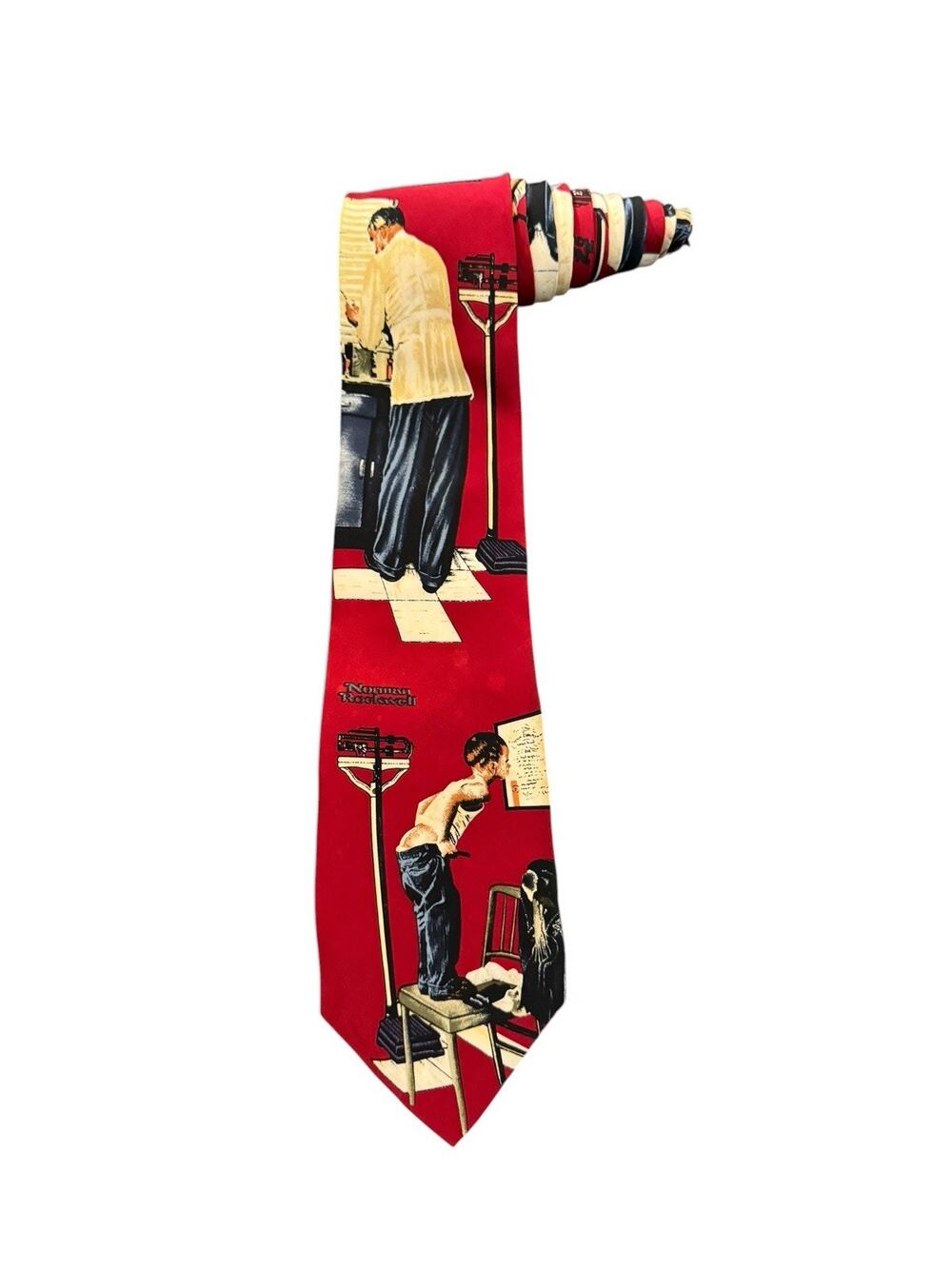 Norman Rockwell Saturday Evening Post Doctors Office Patient Necktie Silk Red